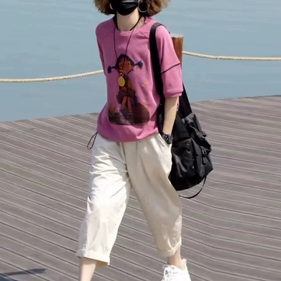 时尚洋气休闲短袖套装女2025年夏款圆领个性印花T恤+哈伦裤两件套