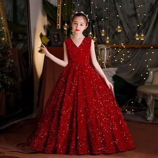 儿童高端礼服生日2025新款晚礼服公主裙主持人红色女童钢琴演出服