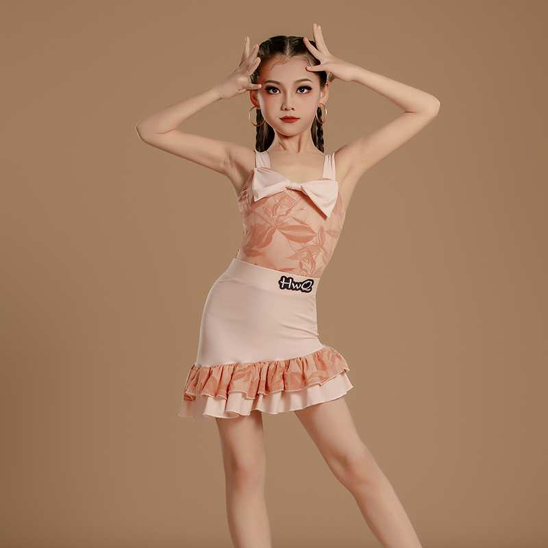 新款拉丁舞服女童吊带蝴蝶结拉丁舞练功舞蹈服演出服装考级集训服