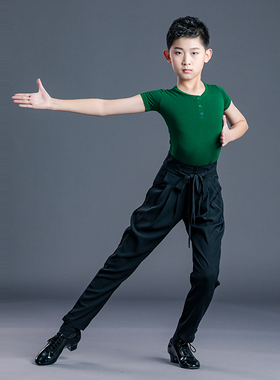 红舞裙男士拉丁舞服装高腰显瘦长裤练习舞蹈宽松束脚裤练功服