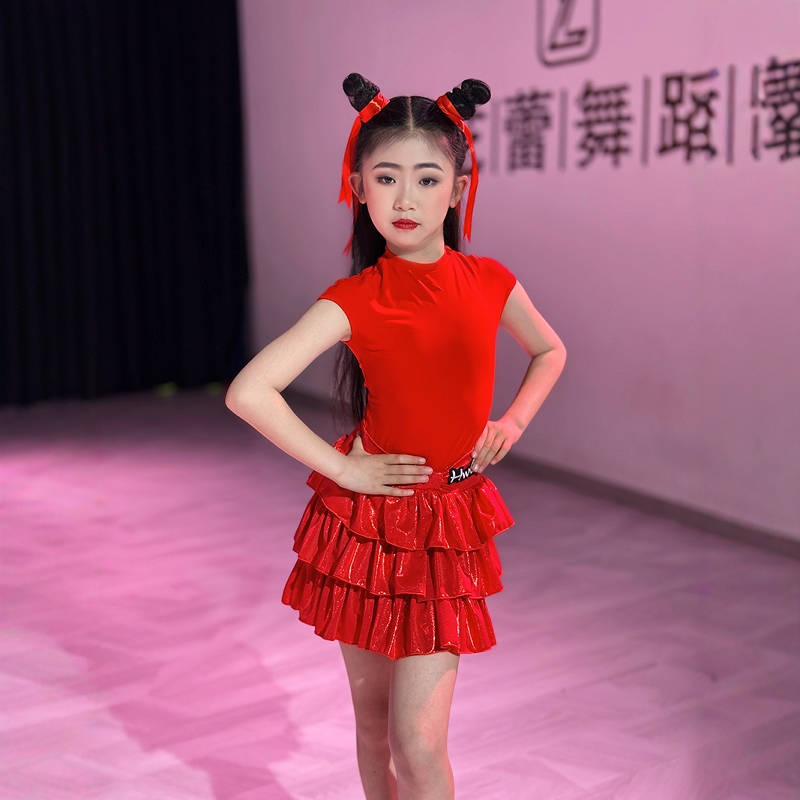 新款拉丁舞服女童连肩袖春夏套装练功服女舞蹈恰恰伦巴表演演出服