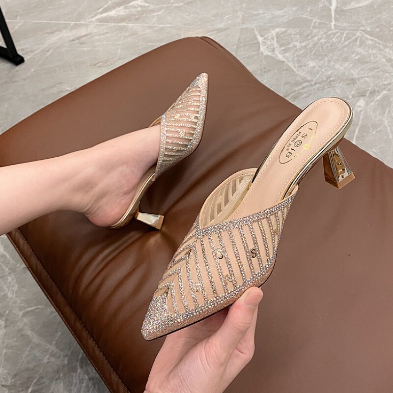包头半拖鞋女2020春季新款百搭拖鞋水钻网红高跟鞋女细跟外穿凉拖|ruв категории Женская обувь, тапочки - от Buy2taobao.com для оказания профессиональной услуги покупки агента Taobao
