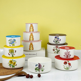 陶瓷保鲜碗三件套盒带盖食品级冰箱密封可微波特美林上班带饭加热