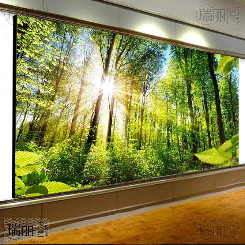3D森林卡布灯箱画风景假窗户背景墙植物树林办公室装饰广告牌软膜