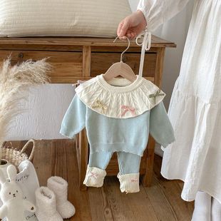 2025秋冬新款 两件套 婴幼儿针织套装 女宝宝娃娃领蝴蝶结上衣打底裤