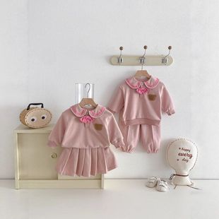 男女宝宝春季新款长袖撞色小熊卫衣宽松洋气短裙学院风兄妹套装