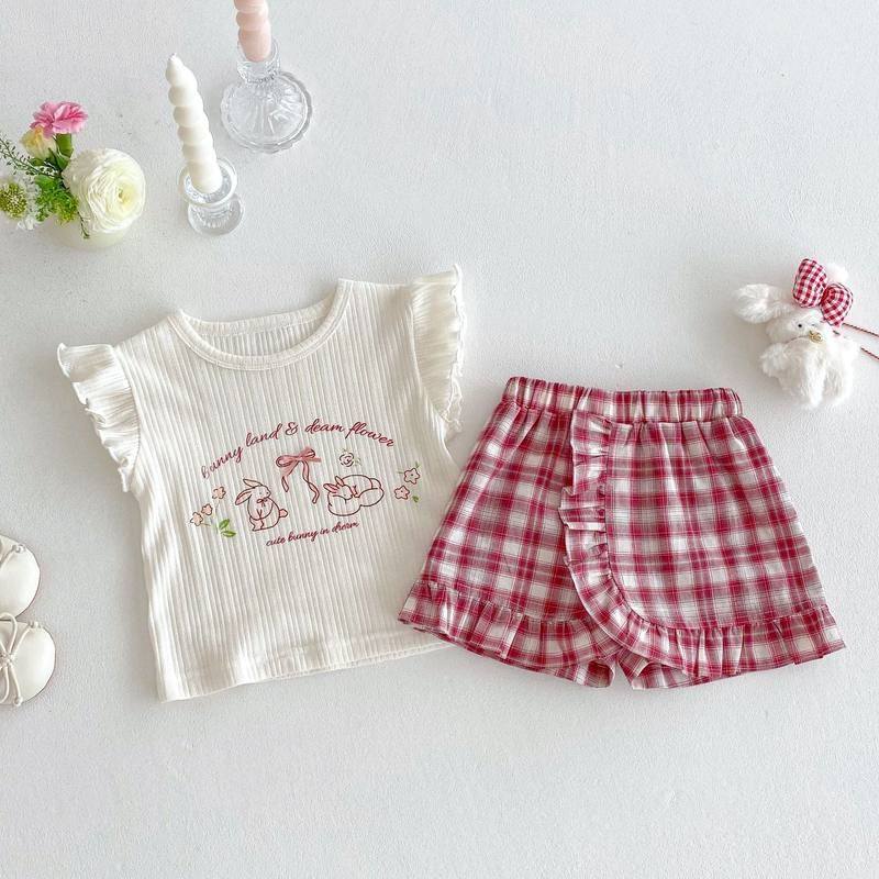 女童卡通T恤2025新款夏季宝宝洋气小兔印花上衣儿童经典格子短裤,童装/婴儿装/亲子装,T恤,淘宝优惠券,粉丝福利购,淘宝优惠卷