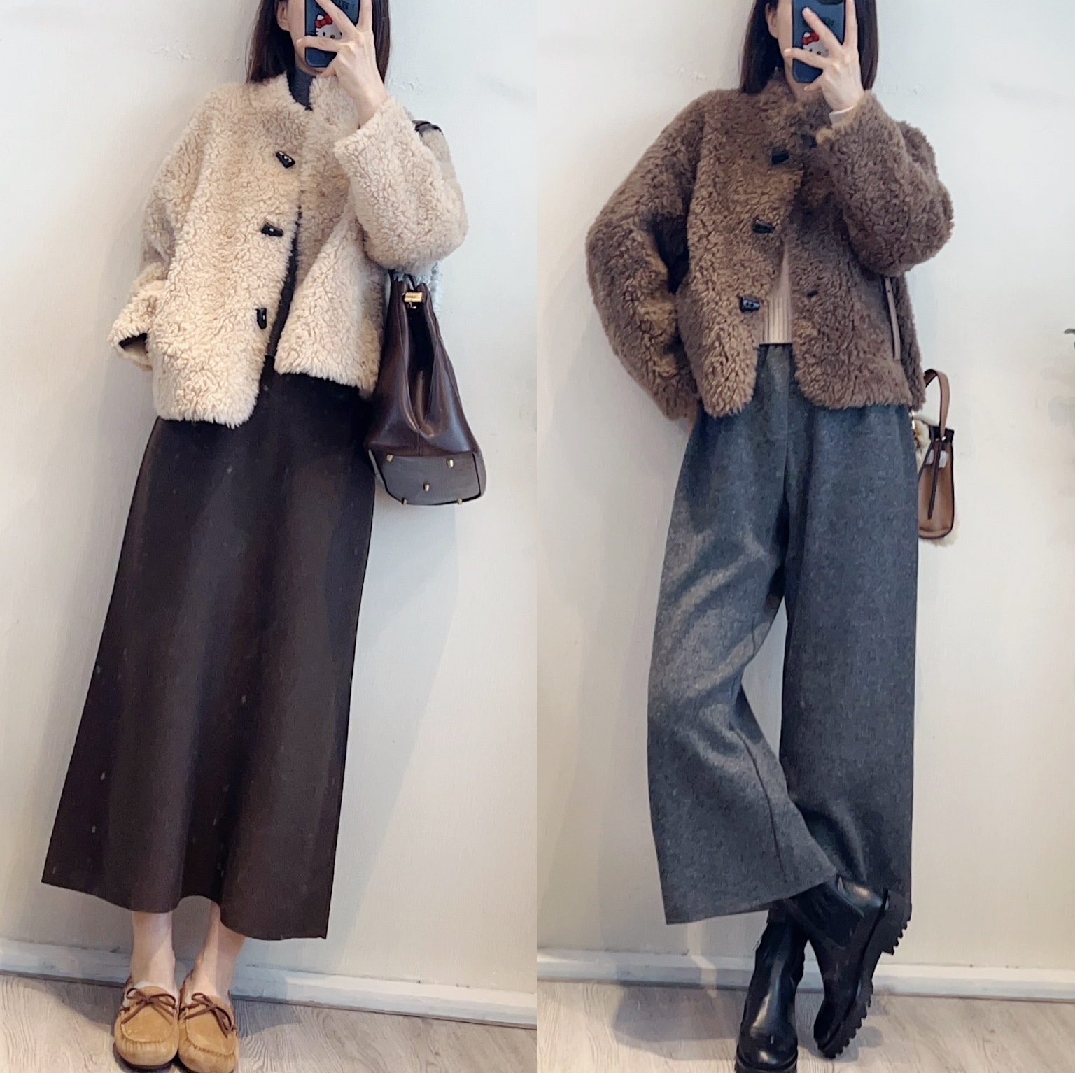 斯斯 1104 软软好舒服 牛角扣韩系羊毛皮毛一体简约立领长袖外套