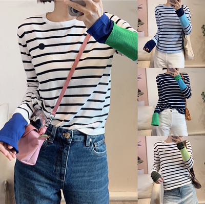 斯斯 0405 美美色彩系 松弛感条纹撞色拼接袖口爽朗针织套头上衣