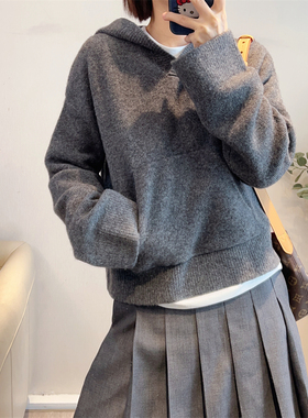 1111KH软糯糯大大女巫帽简约牦牛绒羊毛双手插兜纯色甜美休闲毛衣