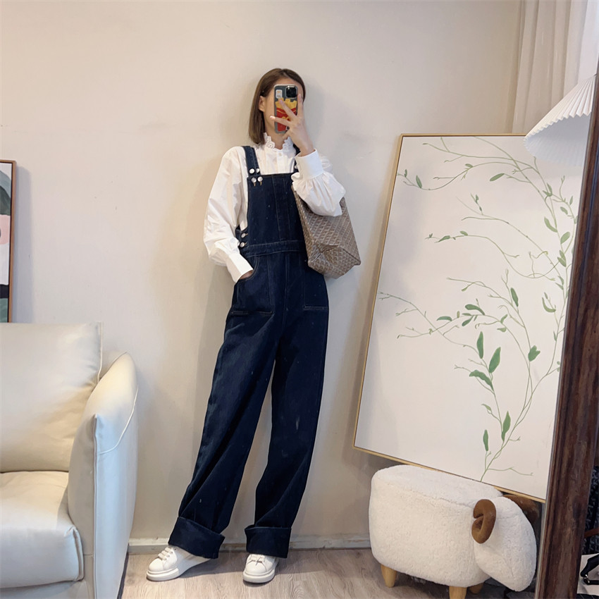 斯斯 0225 张俪同款VA有机棉赛络纺刷漆复古阔腿深靛蓝牛仔背带裤