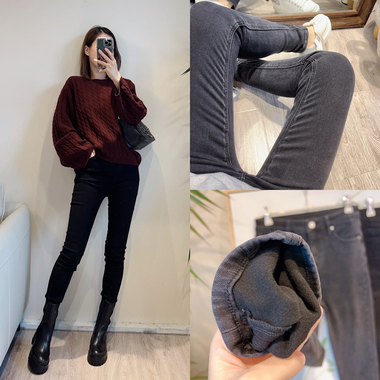 斯斯 1208 mm小鸟腿 暖暖加绒包裹感深色纯色弹性百搭铅笔裤