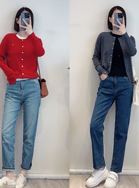 斯斯  0401 FK 巨百搭 复古风直筒中高腰弹力九分蓝色水洗牛仔裤