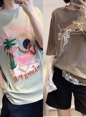 斯斯 0318 轻松舒适空气感 柔软垂顺麻里棉针织OS印花休闲短袖T恤