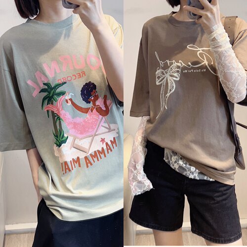 斯斯 0318 轻松舒适空气感 柔软垂顺麻里棉针织OS印花休闲短袖T恤