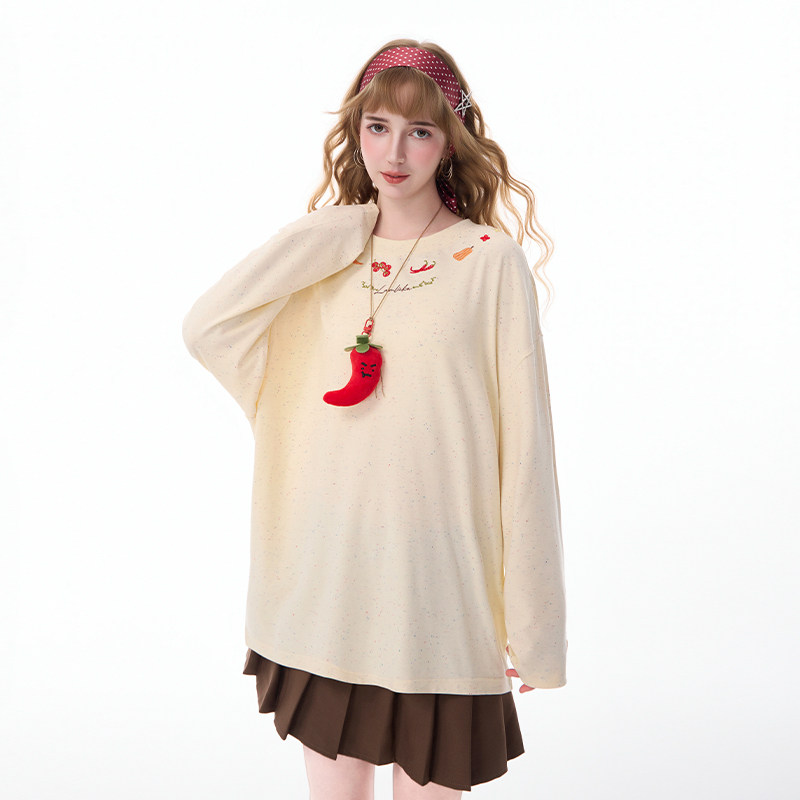 LAMLICKA挂饰小辣椒刺绣T恤宽松潮牌百搭圆领上衣ins简约休闲长袖,男装,T恤,淘宝优惠券,粉丝福利购,淘宝优惠卷