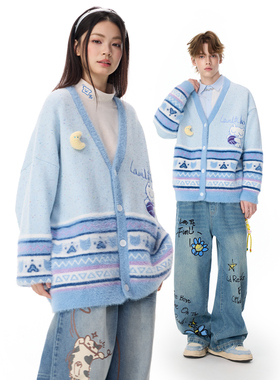 LAMLICKA民族风小猫绣花蓝色毛衣开衫外套慵懒高级感多巴胺针织衫