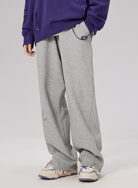 LAMLICKA针织卫裤拼接灰色经典百搭情侣款运动长裤直筒宽松休闲裤
