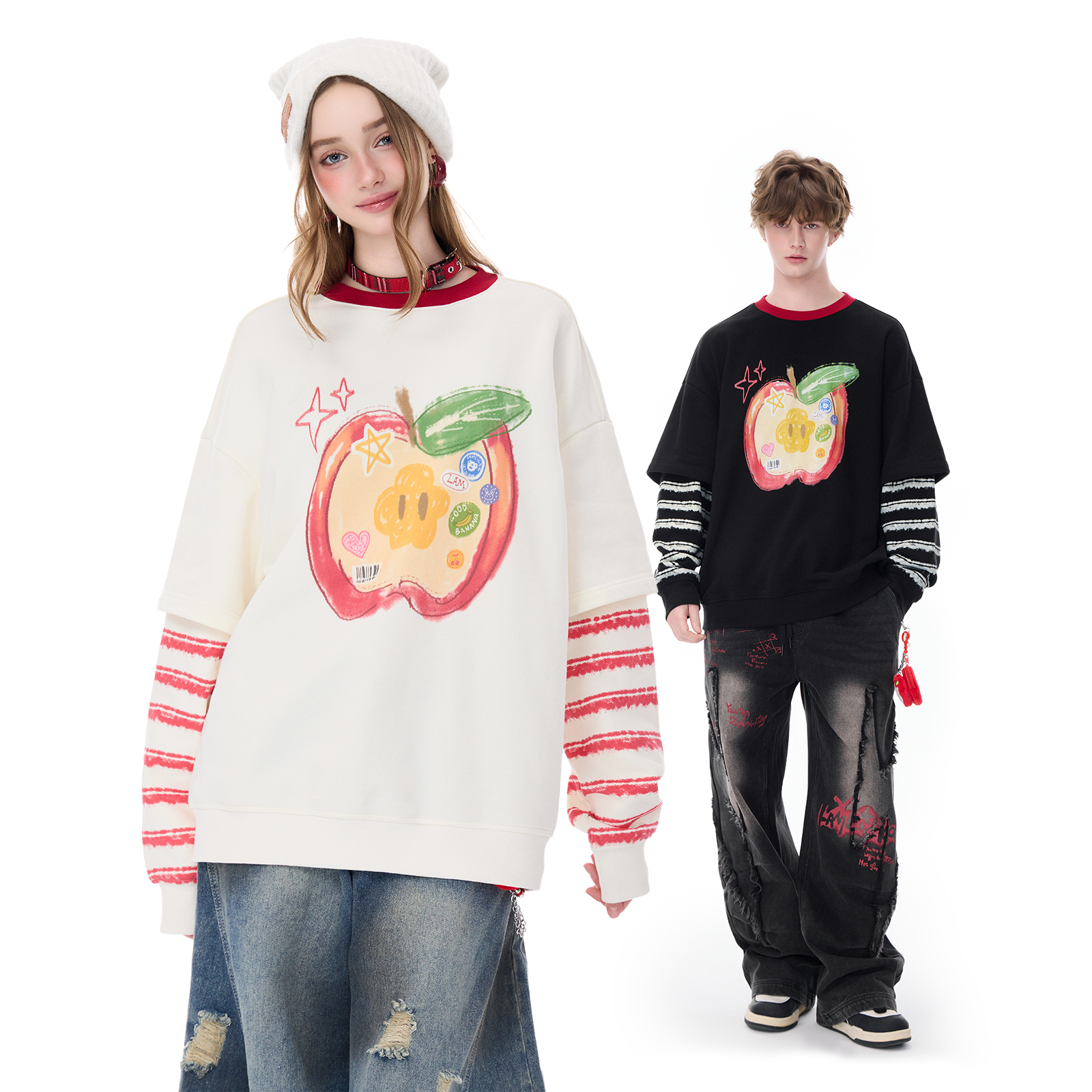 LAMLICKA苹果印花情侣卫衣宽松慵懒风条纹拼接袖子假两件休闲外套