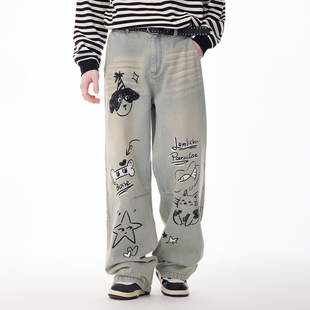 LAMLICKA动物涂鸦灰色牛仔裤阔腿宽松复古水洗美式长裤潮牌直筒裤