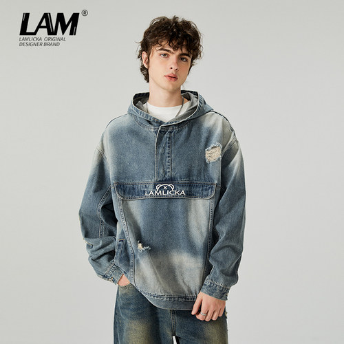 LAMLICKA重工水洗牛仔套头帽衫