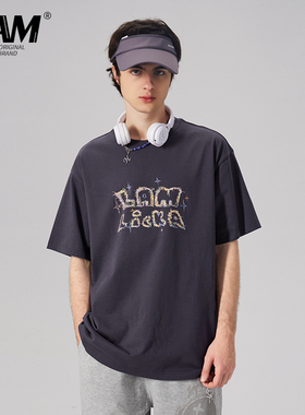 LAMLICKA彩色手绘字母纯棉短袖T恤男ins潮嘻哈青少年紫色上衣宽松