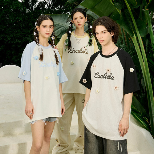 LAMLICKA毛线花朵纯棉t恤短袖