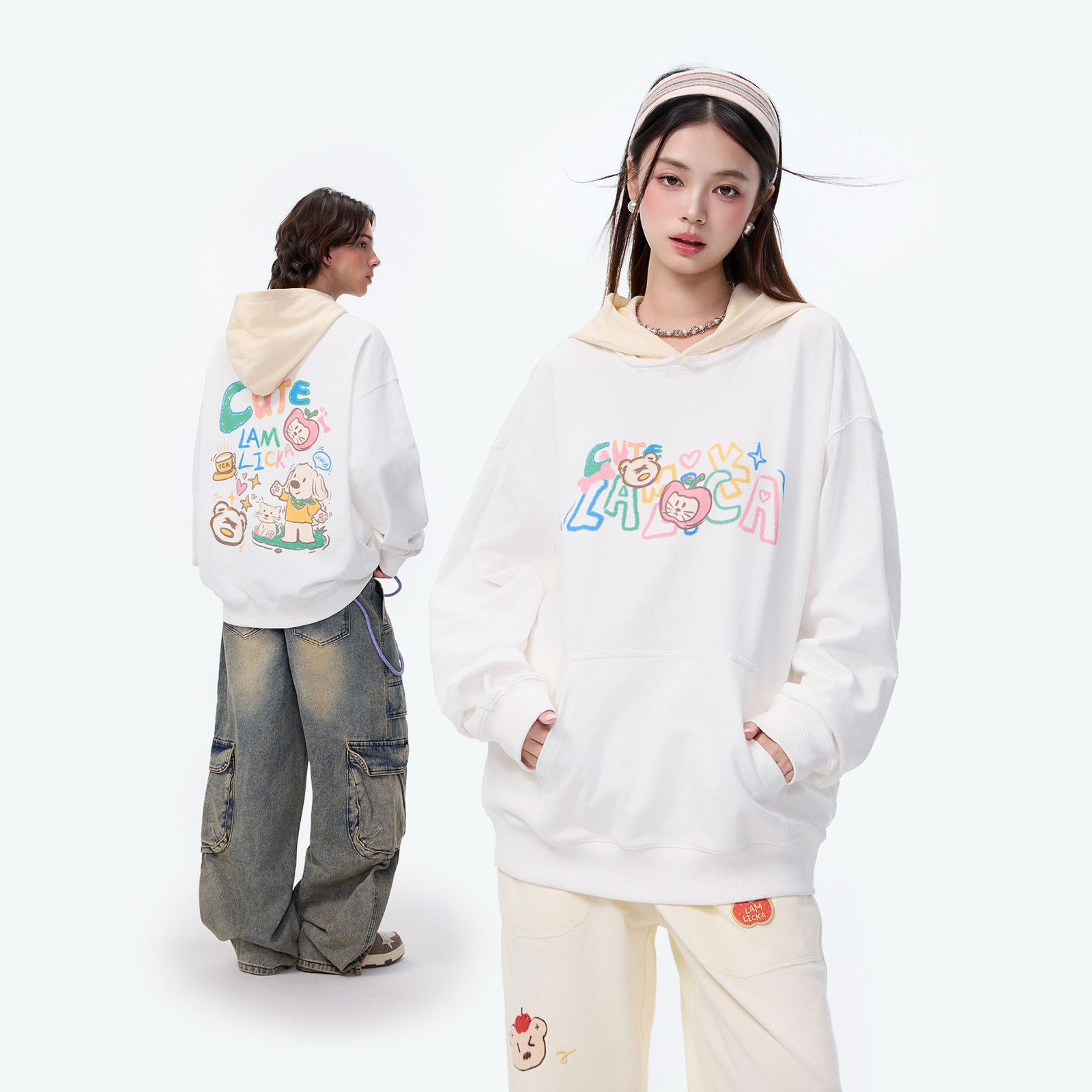 LAMLICKA卡通猫狗印花白色外套oversize美式高街宽松卫衣连帽上衣