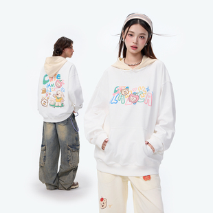 LAMLICKA卡通猫狗印花白色外套oversize美式高街宽松卫衣连帽上衣