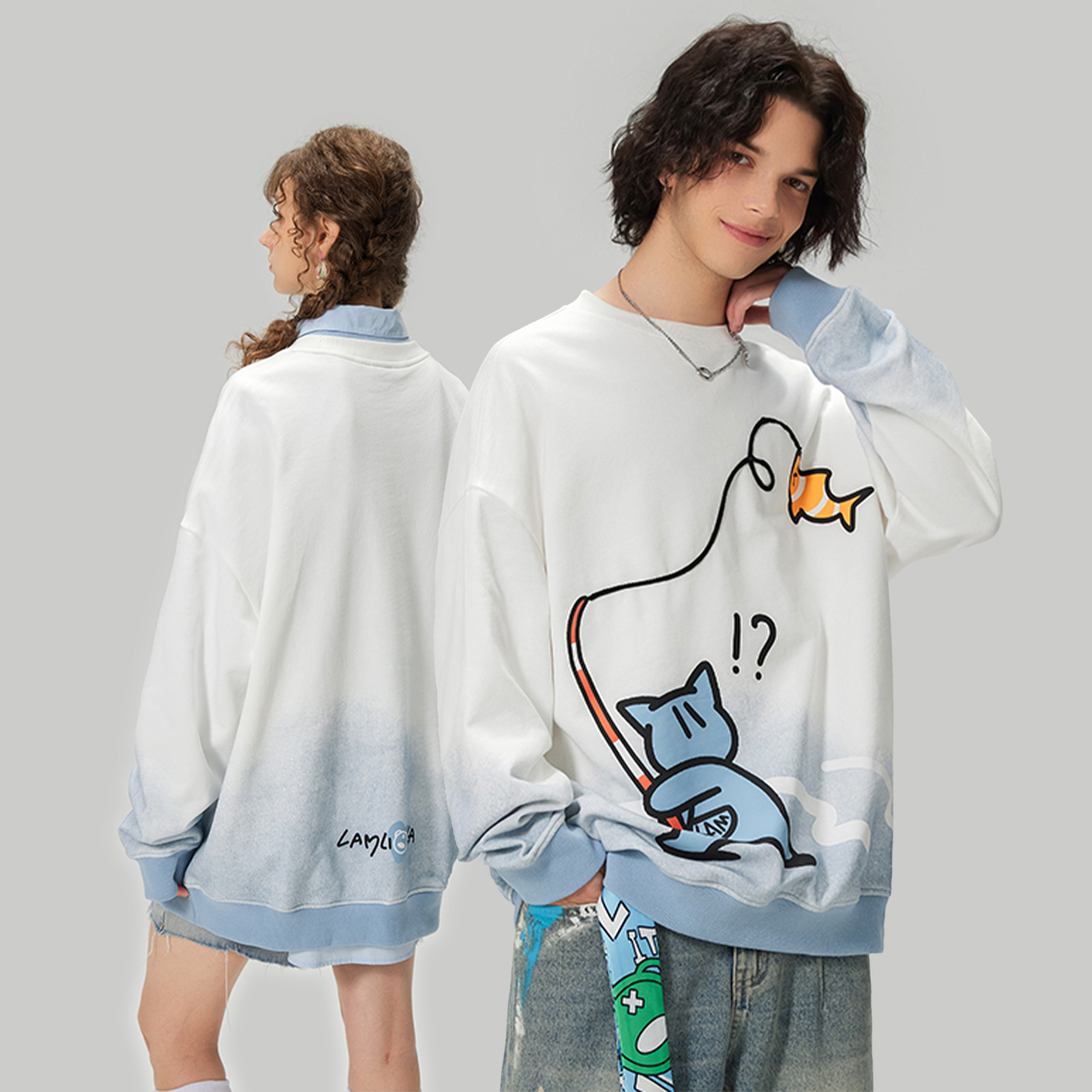 LAMLICKA小猫钓鱼绣花圆领卫衣男痞帅高级感白色渐变长袖卫衣外套,男装,卫衣,淘宝优惠券,粉丝福利购,淘宝优惠卷
