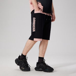 嘻哈街头小众设计感五分卫裤 LAMLICKA粉色拼接休闲短裤 男2024新款