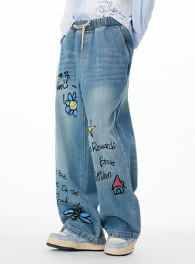 LAMLICKA字母印花蓝色牛仔裤直筒宽松美式复古阔腿裤潮牌抽绳长裤