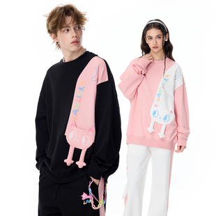 LAMLICKA小猫贴布口袋圆领卫衣女宽松慵懒风多巴胺长袖 外套情侣装