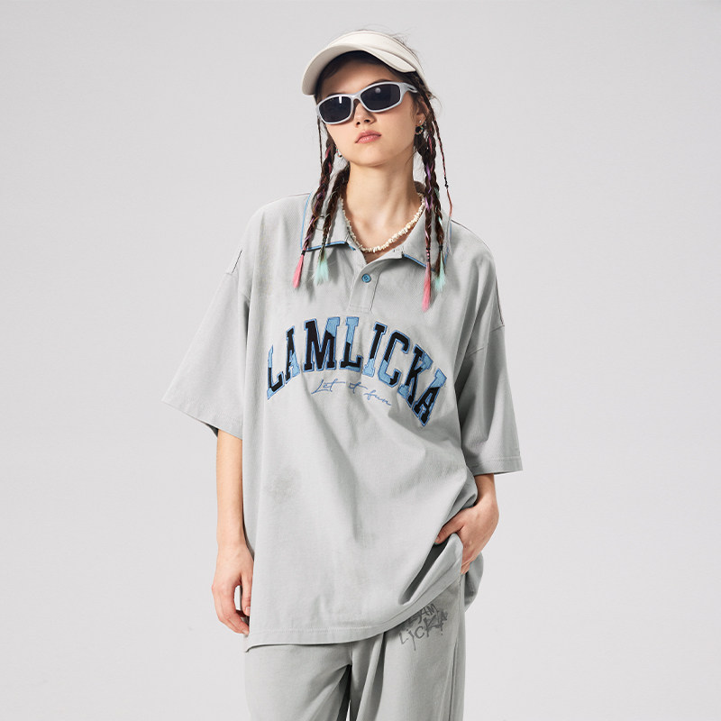 LAMLICKA美式刺绣字母polo衫男潮流青少年高级休闲纯棉t恤女宽松