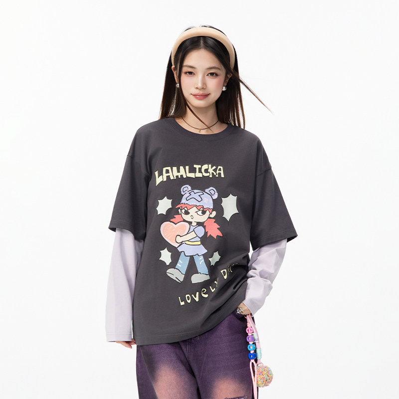 LAMLICKA卡通女孩灰色上衣宽松版t恤女款纯棉长袖oversize假两件,男装,T恤,淘宝优惠券,粉丝福利购,淘宝优惠卷