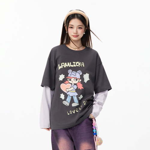 LAMLICKA卡通女孩灰色上衣宽松版t恤女款纯棉长袖oversize假两件