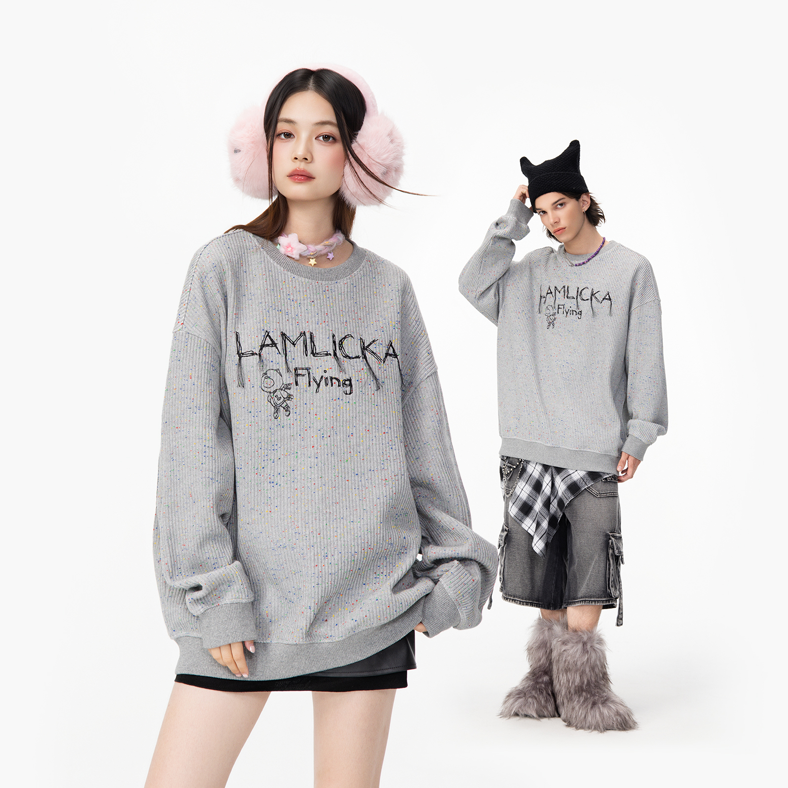 LAMLICKA字母印花黑色卫衣圆领长袖上衣外套宽松慵懒风oversize