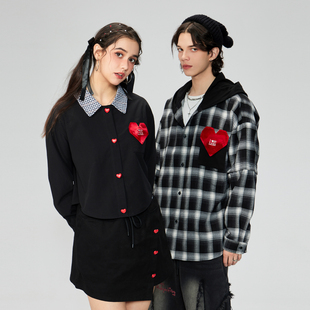 落肩连帽学院风气质衬衣情侣装 长袖 男款 LAMLICKA爱心口袋格子衬衫
