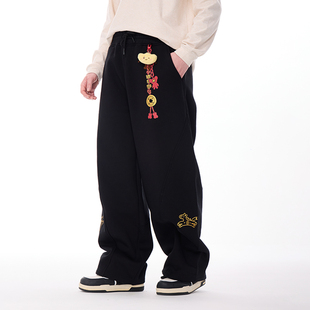 重磅 国潮新年流行长裤 LAMLICKA铜钱印花黑色休闲裤 宽松阔腿弯刀裤