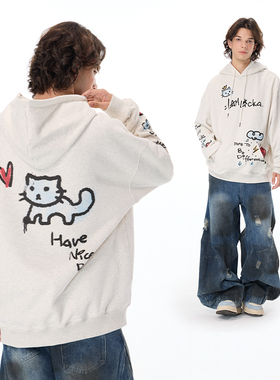 LAMLICKA卡通小猫灰色卫衣连帽美式慵懒长袖上衣帽衫重磅宽松外套