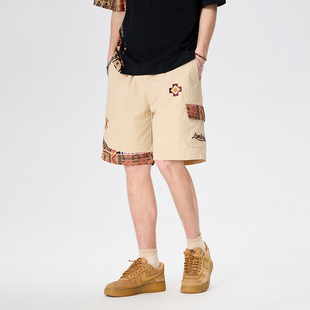 百搭 运动五分裤 LAMLICKA民族风绣花短裤 痞帅潮牌炸街宽松透气美式