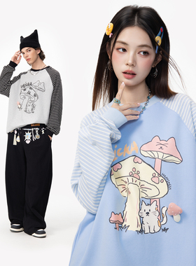 LAMLICKA蘑菇小猫蓝色上衣条纹t恤女宽松慵懒风ins重磅长袖情侣装