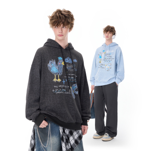 LAMLICKA蜡笔画印花蓝色卫衣宽松慵懒风长袖 炒雪花连帽外套 情侣装