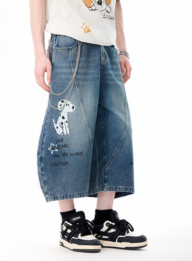 LAMLICKA小狗印花蓝色牛仔裤阔腿宽松潮牌美式七分裤百搭弯刀裤