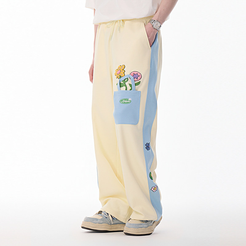 LAMLICKA盆栽绣花贴布口袋休闲裤百搭长裤宽松阔腿裤多巴胺直筒裤,男装,休闲裤,淘宝优惠券,粉丝福利购,淘宝优惠卷