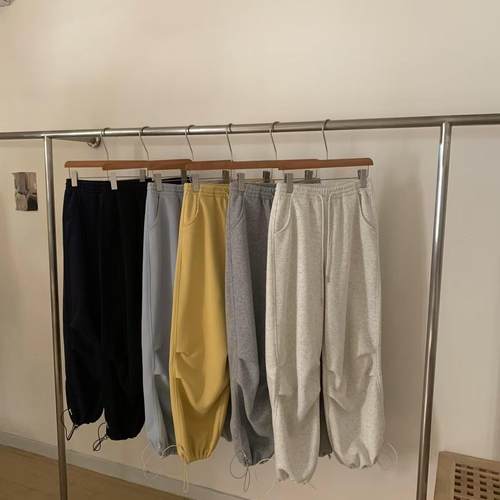 2025春季新款egg抽绳纯色卫裤女裤腿捏褶休闲裤高腰纯棉工装长裤