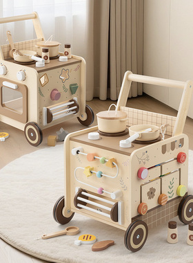 实木多功能儿童推车木质过家家玩具宝宝益智学步烹饪扮演玩具套装