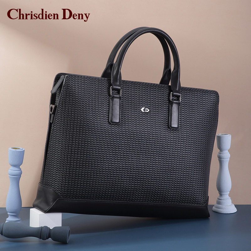 chrisdien deny/克雷斯丹尼意大利进口链条纹牛皮商务公文包大号