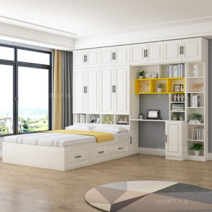 榻榻米床衣柜一体简约卧室带书桌床柜组合小户型储物床实木衣柜床