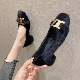 2025时尚新款秋冬季加绒粗跟单鞋女高跟鞋方头中跟黑色通勤棉瓢鞋